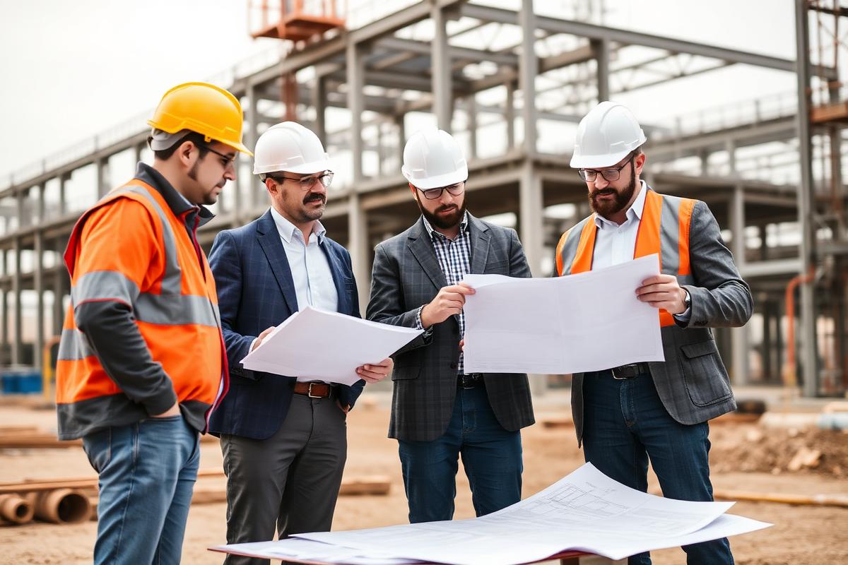 Sheker Construction team reviewing blueprints on a commercial construction site